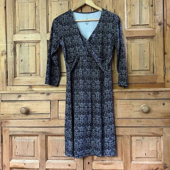 Women's prAna‎ Small Gray Dress 3/4 Sleeve V-Neck Faux Wrap Printed - Picture 1 of 6